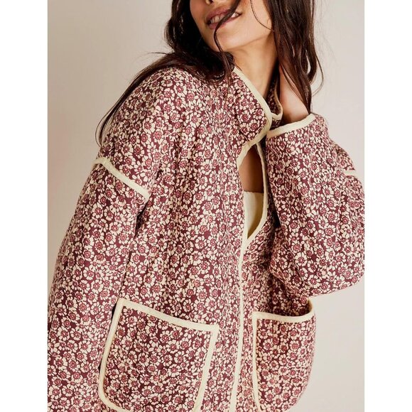 Women’s P-red Cropped Puffer Jacket Floral Printed Quilted Lightweight Coat - Picture 2 of 6